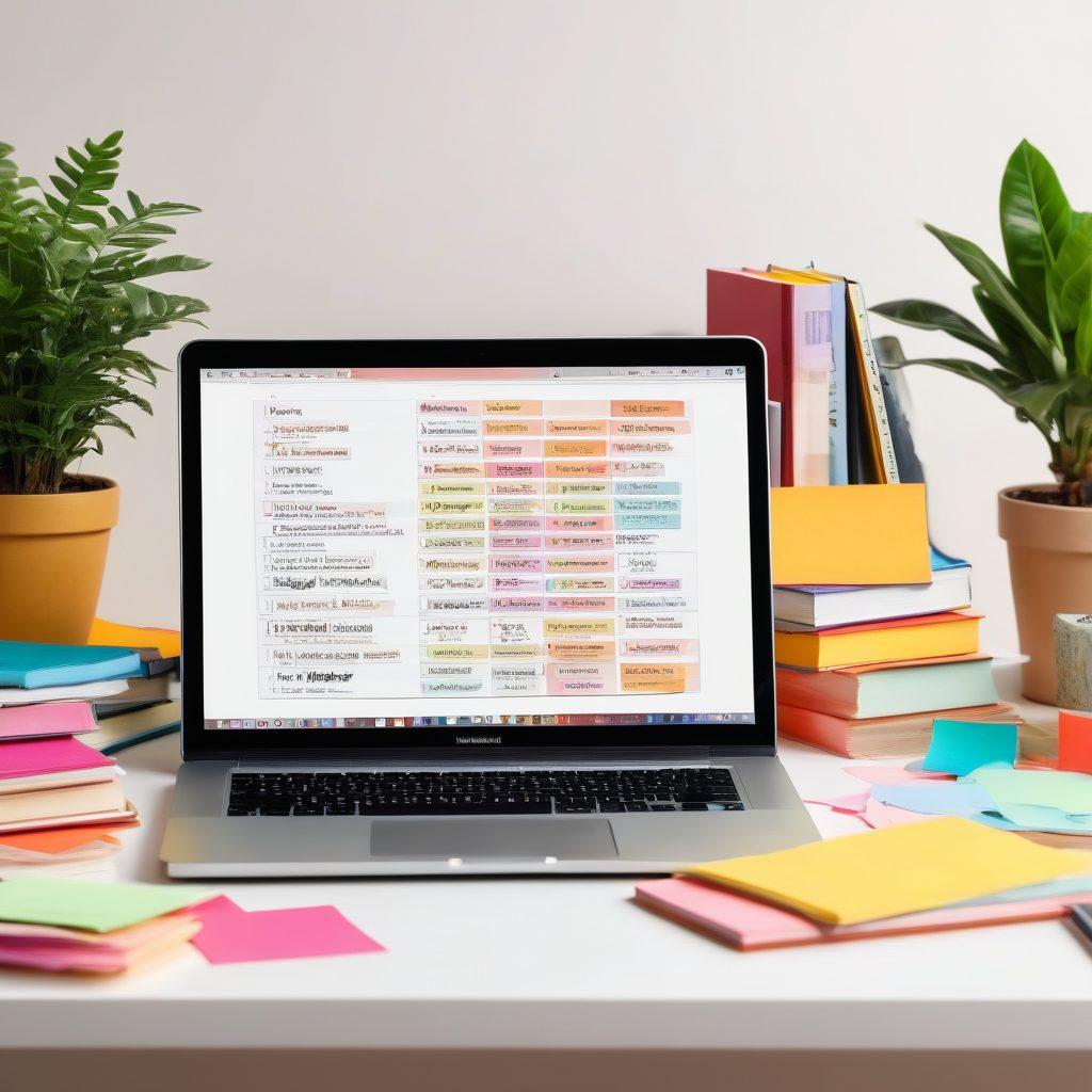 A brilliantly lit workspace filled with books and a laptop displaying a vibrant blog on the screen. A trophy sits proudly on the desk, symbolizing success, surrounded by colorful sticky notes with creative strategies. A plant in the background adds a touch of life and inspiration. Warm, inviting color palette. super-realistic. vibrant colors. white background.