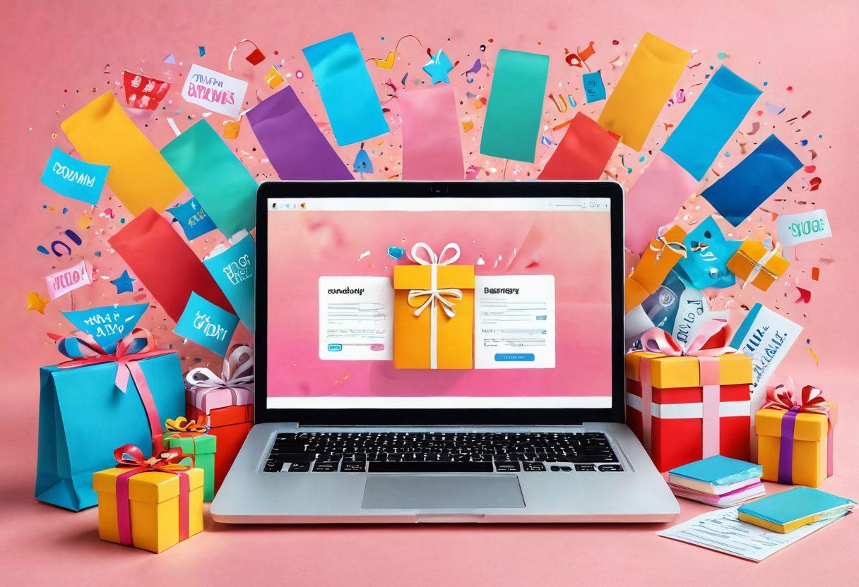 A dynamic scene featuring an open laptop displaying a vibrant giveaway page with colorful banners and enticing offers. Surrounding the laptop are various delightful giveaways like gift boxes, discount coupons, and happy readers engaging with the promotions. The background should include soft pastel colors and cheerful elements to evoke excitement. Illustrate the rewards and community aspects of promotions creatively. vibrant colors. playful illustration.