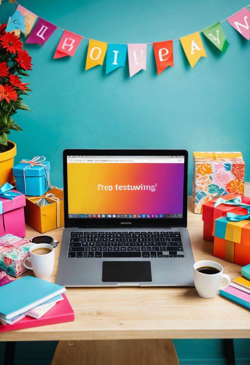 A vibrant, inviting scene featuring an open laptop on a colorful desk adorned with fun giveaway items like gift boxes, a coffee cup, and cheerful decorations. In the background, an excited audience is seen engaging with a blogger, showcasing enthusiasm and connection. Bright, uplifting colors and a sense of community should resonate throughout the image. super-realistic. vibrant colors. high contrast.